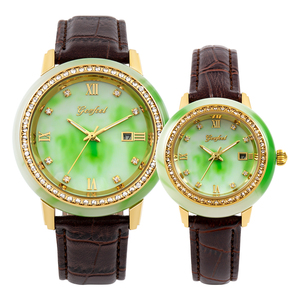 Reloj de lujo de jade verde Hetian con bisel de diamantes, correa de cuero, números romanos, reloj de cuarzo para hombre - Product Image 2
