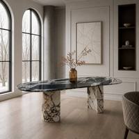 Table à manger ovale moderne personnalisée en marbre gris naturel et blanc éléphant, avec bases en piédestal cannelées, finition brillante, mobilier de luxe en pierre