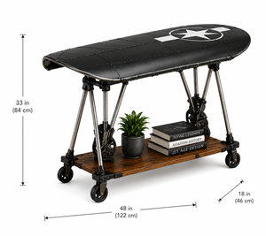 Table basse vintage en forme d'avion avec plateau en métal riveté, étagère en bois, style aviation industriel, meuble de salon décoratif - Product Image 4