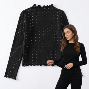 Chemisier décontracté en maille à pois noirs, col rond, manches raglan, coupe ample, respirant, pour femme, idéal au quotidien, pour adolescentes, l'école, les fêtes et la famille - Product Image 1