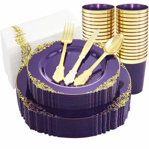 Ensemble de vaisselle jetable élégant et robuste en plastique or, vert, noir, violet, blanc pour mariages, traiteurs et événements - Product Image 6