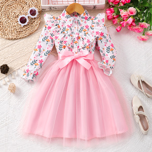 Nouvelle robe en maille à imprimé floral pour filles, à manches longues, avec nœud et <span class=keywords><strong>ceinture</strong></span> tissée, collection printemps - Product Image 2