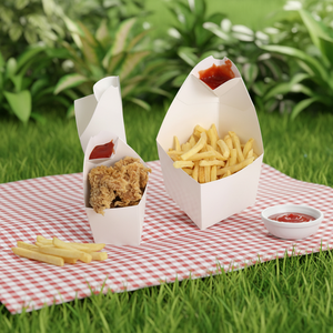 Boîte d'emballage jetable et recyclable en papier blanc en forme <span class=keywords><strong>de</strong></span> cône, avec pelliculage brillant et traitement UV, pour frites, chips, snacks, et compartiment pour ketchup - Product Image 3