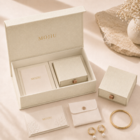 Kit de boîte à bijoux magnétique en lin avec logo personnalisé, ensemble d'emballage de bijoux de luxe avec boîte à bague, pochette en velours, vente en gros