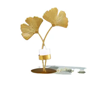 Creative Gold Ginkgo Leaf Shape Iron Candlestick Living Room Frame Art Flower Metal Home Office Candle Cup Holder Table Decor