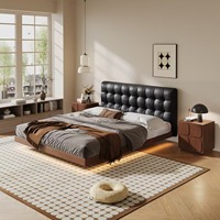Lit plateforme en cuir capitonné à bulles avec rangement, base en bois de pin à profil bas, éclairage LED sous le lit, sans sommier, personnalisable OEM