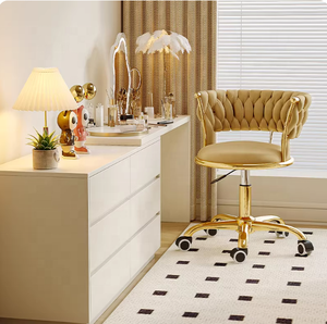 Home Office <b>Desk</b> Chair with Woven Backrest Cushion Armrest Golden Metal Frame Swivel Height Adjustable - Product Image 2