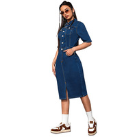 Robe midi décontractée pour femme, design personnalisé, boutonnée, col simple, coupe ajustée, manches courtes, en jean délavé