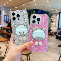 Mignon Ours Glitter Goutte À Goutte Colle Maquillage Miroir Funda Téléphone Portable Cas pour iPhone 16 Pro Max 17 15 14 Plus 13 Coque Couverture Arrière