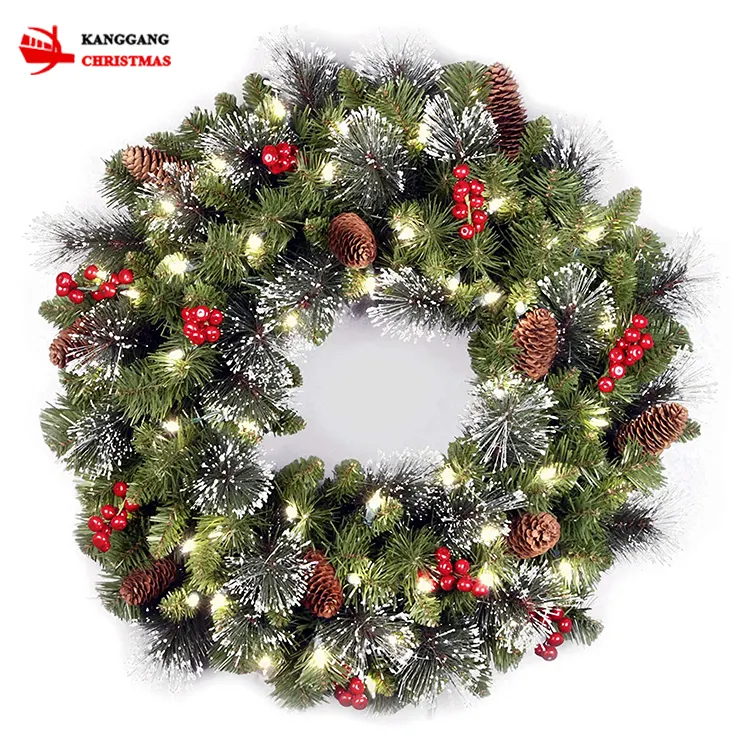 KG Xmas Customized Noel Navidad Natale 21 Inch Front Door Xmas Wreath Snowy LED Christmas Wreath With Decorations