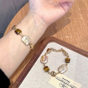 French Square Sugar Tiger Eye Stone <strong>Beaded</strong> Bracelet, Handmade Baroque Natural Freshwater Pearl Bracele - Product Image 1