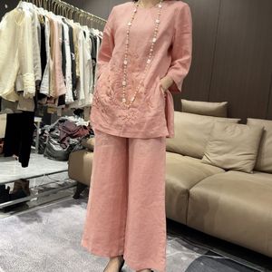 Solid Color Embroidery Three Quarter Sleeve Top Women's Suit Summer New Chinese Style Wide Leg Pants Two Piece Set - Product Image 5
