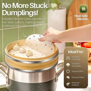 Juego de Vaporeras de Bambú de 8 Pulgadas con Banda de Acero Inoxidable, Diseño Ecológico de 2 Capas, 50 Revestimientos para <span class=keywords><strong>Vaporera</strong></span>, Palillos para Cocina de Gas - Product Image 5