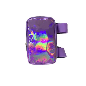 Bolso de muslo de PU holográfico púrpura con correas ajustables para mujer, bolso impermeable para pierna de teléfono, riñonera de carnaval, bolsa para exteriores para senderismo