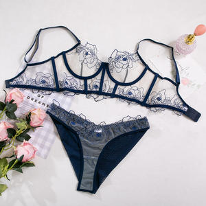 Nuovo Set di Lingerie in Mesh trasparente ricamato di moda blu Sexy lisca di pesce Set di Lingerie in due pezzi - Product Image 6