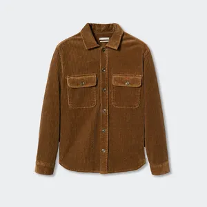 Oem Custom Logo Classic Turn Down Collar Brown Long Sleeve Fashion Regular Fit Mens Corduroy Solid Color Shirt