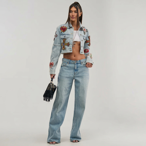 Women's <b>Denim</b> <b>Jacket</b> Set With Embroidered Patches <b>Cropped</b> Top And Wide Leg Jeans Casual Spring Summer Outfit - Product Image 1