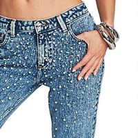 Neue stylische Y2K chinesische Damen-Jeans aus Spandex/Baumwolle mit Paisley-Muster, Utility-Stil, mittelhoher Taille, Hip-Hop, bestickt, mit Nieten