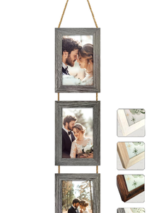 Ensemble de 3 cadres <span class=keywords><strong>photo</strong></span> verticaux en chêne gris à suspendre avec corde, décoration murale multi-collages, cadre pour trois photos portrait 10x15cm - Product Image 1