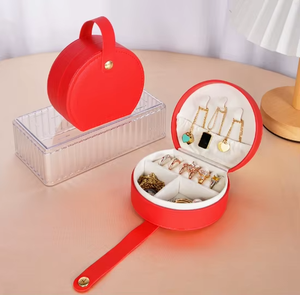 Fashion Mini Travel Jewelry Organizer <b>Box</b> PU Leather Portable Half Round Storage Case With Handle - Product Image 6