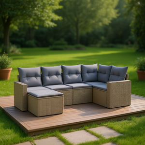 Grey Pe <b>Rattan</b> Garden <b>Sofa</b> Set With Adjustable Feet 6 Seater Outdoor Furniture Contemporary Design - Product Image 2