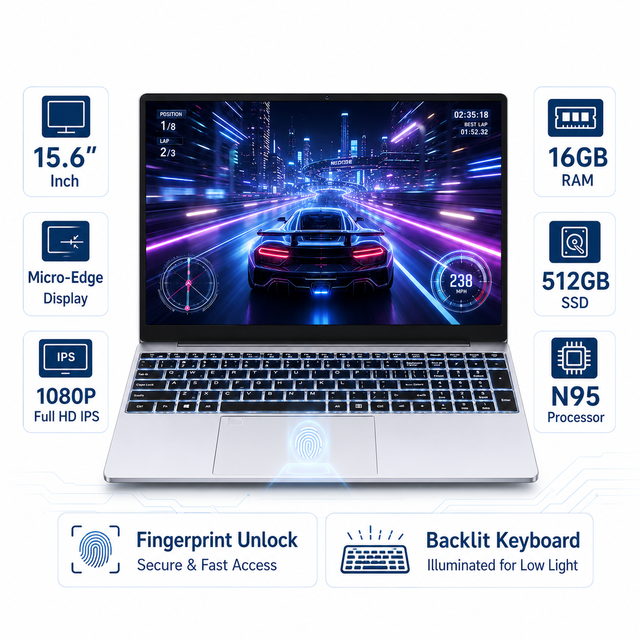 Factory Cheap 15.6"Laptop Intel N95 512GB 1TB Business Laptop with Fingerprint Recognition Keyboard Backlight New Used Gaming