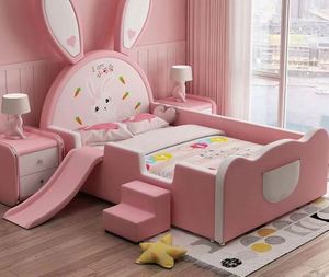 Cartoon Pink Bunny Guardrail <b>Slide</b> <b>Bed</b> 1.2m Solid Wood Cotton Upholstery Comfortable Modern Design Girls Princess Bedroom - Product Image 3