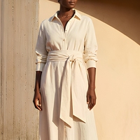 Robe chemise longue en lin ivoire, manches longues, col ouvert, ceinture large, longueur ras du sol, style méditerranéen, OEM, lavage lin