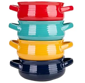 Ciotole di zuppa di cipolla francese in ceramica multicolore Super incredibile da 20 once con manici Set di ciotole per zuppa di cereali e stufato Set di 4