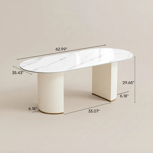 Mesa de Comedor Ovalada de Madera de Estilo Moderno Crema de 63 Pulgadas, Tablero de Piedra Sinterizada de 12 mm, Fácil de Limpiar, Ideal para 4-6 Personas - Product Image 6