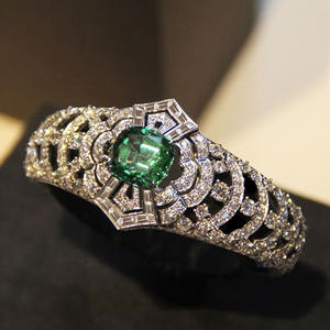 Platinum <b>Diamond</b> <b>Bracelet</b> With Emerald Center Round Brilliant Cut Natural <b>Diamonds</b> Women's Wedding Jewelry T0114 - Product Image 1