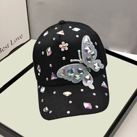 Casquette de baseball 6 panneaux en PVC pour femme, avec sequins papillon, strass, design à deux anneaux, finition brillante, style coréen, polyvalente