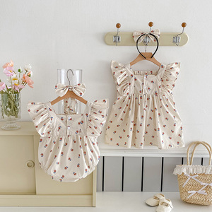 Conjunto de Macacão e Faixa de Cabelo para Bebê Menina Sisters Summer, Vestido Infantil Estampado Fino, Roupas Doces para Crianças - Product Image 2
