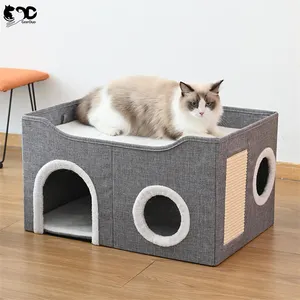 GeerDuo Pet lüks katlanabilir çift kedi Hideaway mağara evi yatak tırmalama pedleri ile