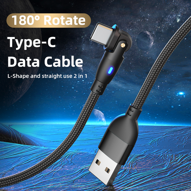 For Samsung for Xiaomi Fast-Charging 180° Rotatable 3A USB Type-C Micro USB-C Cable 180° Right-Angle for Mobile Phones Computers