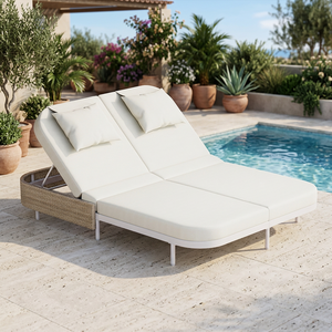 Modern Hotel <b>Outdoor</b> Patio <b>Bench</b> 5-Position Adjustable Backrest Water Resistant Rattan Iron Frame Beige <b>Cushions</b> 2-Seater - Product Image 3