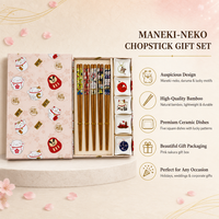 Coffret Cadeau de Couverts Nouvel An Japonais Style Maneki Neko : 5 Paires de Baguettes en Bambou et 5 Assiettes en Céramique pour l'Amitié et la Maison