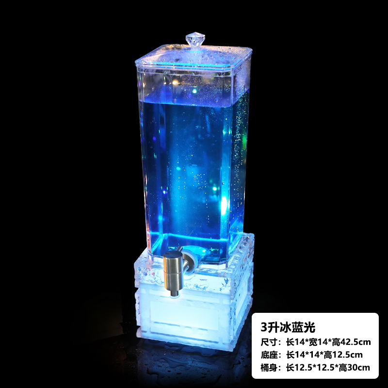 Base transparente con diseño de piedra y barril de vino de 3L con luz azul hielo.