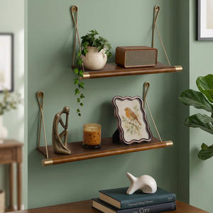 Double Walnut Wood Iron Divider Mid Century Modern Living Room <b>Wall</b> <b>Floating</b> <b>Shelves</b> OEM Custom Wholesale | Aqudus Saleem India - Product Image 3