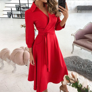 Nuovo Abito da Donna alla Moda <span class=keywords><strong>con</strong></span> Maniche Lunghe, Scollo a V, Stampa e Vestibilità Aderente, Abito Camicia <span class=keywords><strong>con</strong></span> Risvolto di Alta Qualità - Product Image 4