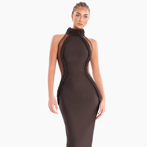 <span class=keywords><strong>Robe</strong></span> <span class=keywords><strong>moulante</strong></span> marron ZYHT 70083 sexy en maille, sans manches, col montant, fendue, pour club, soirée, formelle ou décontractée - Product Image 3