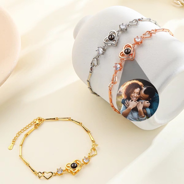 Duoying Personalized Photo Projection Full Diamond Heart Bracelet Holiday Commemorative Gift for Friends