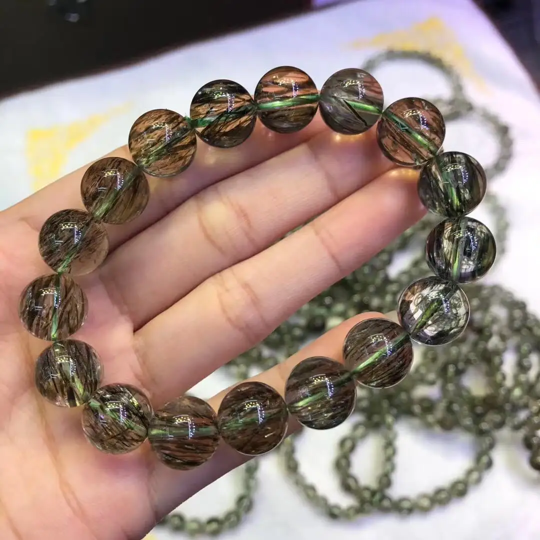Manik-manik Kristal Rambut Hijau Turmalin Alami, untuk Perhiasan DIY Penyembuhan Gelang Hadiah untuk Pria dan Wanita Energi Batu Permata