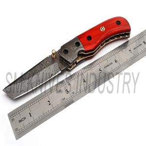 Cuchillo de bolsillo plegable Damasco hecho a mano con hoja Sheepsfoot, mango de madera y funda de cuero (smk1227) - Product Image 5