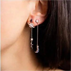 Promotion Chic Christmas Gift Fashion Women Jewelry Tassel Chain Dangle Moon Star CZ Drop Earring