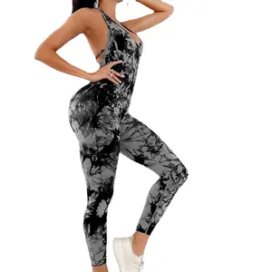 Nieuwe Stropdas Verven Jumpsuit Vrouwen Fitness Effen Kleur Sexy Cross Back Playsuit Yoga Wear Bodysuit Rugloze Workout Jumpsuit