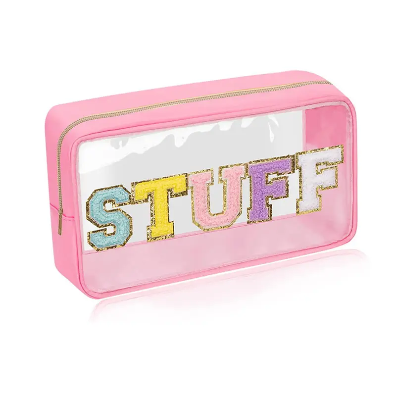 Colorful Large Capacity High Quality PVC Cosmetic Pouch Gold Zipper Letter Patch Waterproof Transparent Makeup Bag