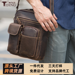Bolso bandolera para hombre Tiding, de cuero marrón oscuro, con bolsillos con cremallera para uso diario. - Product Image 5