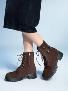 Trendy Ladies Faux Suede Combat <strong>Boots</strong> Dark <strong>Brown</strong> <strong>Lace</strong> up Side Zip Buckle Strap Block Heel Platform Ankle <strong>Boots</strong> for Daily Wear - Product Image 6