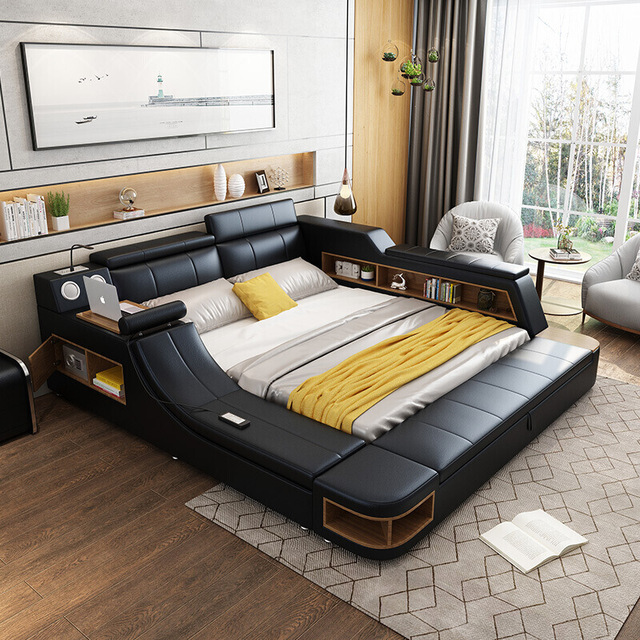 Modern Multimedia USB Charger Smart Bed Genuine Leather Bedroom Furniture Multifunctional Massage Family Cinema Soft Bed
